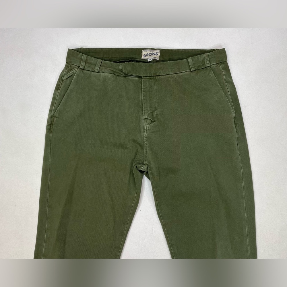 &SONS Virgil Chino Army Pants Men Size 34 x 30 Green Back Cinch Strap - Picture 2 of 11